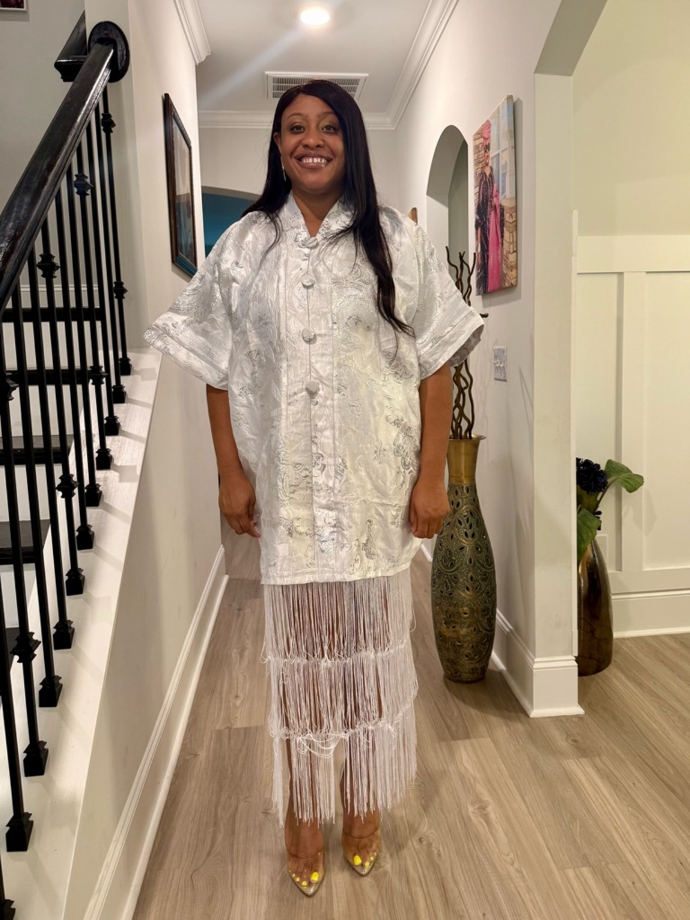 Luxury White African Damask Brocade Bubu/Boubou Maxi Dress